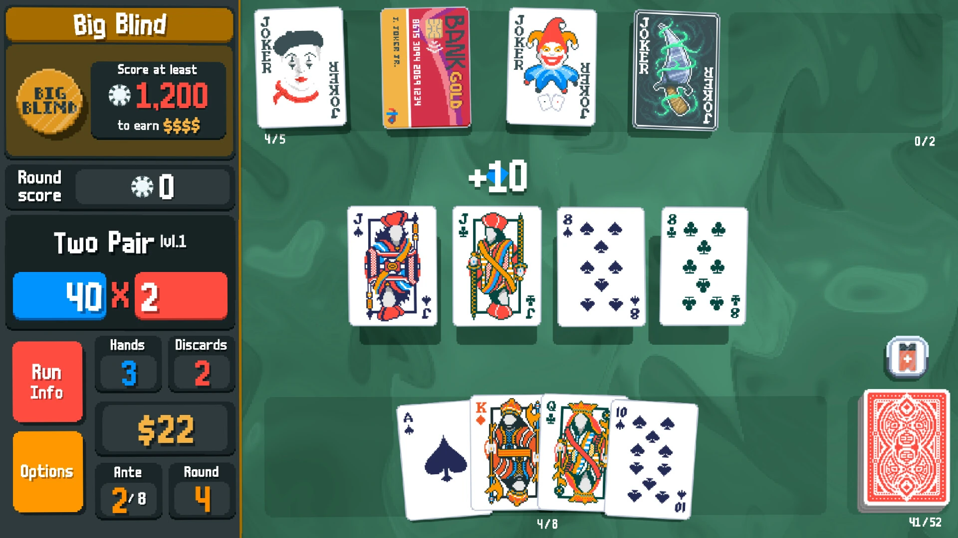 카드 패와 조커, 목표 점수가 한 화면에 배치된 실제 플레이 화면